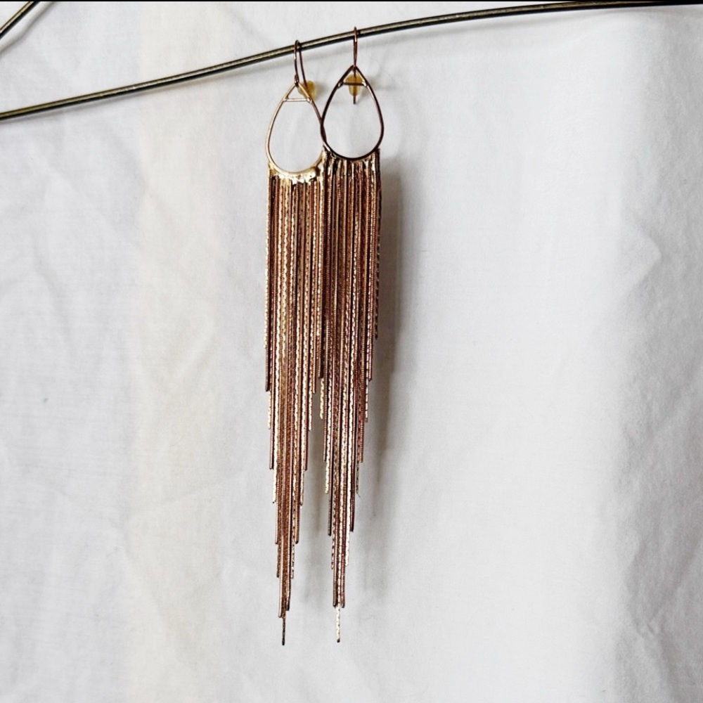 Long Gold Tone Fringe Teardrop Earrings